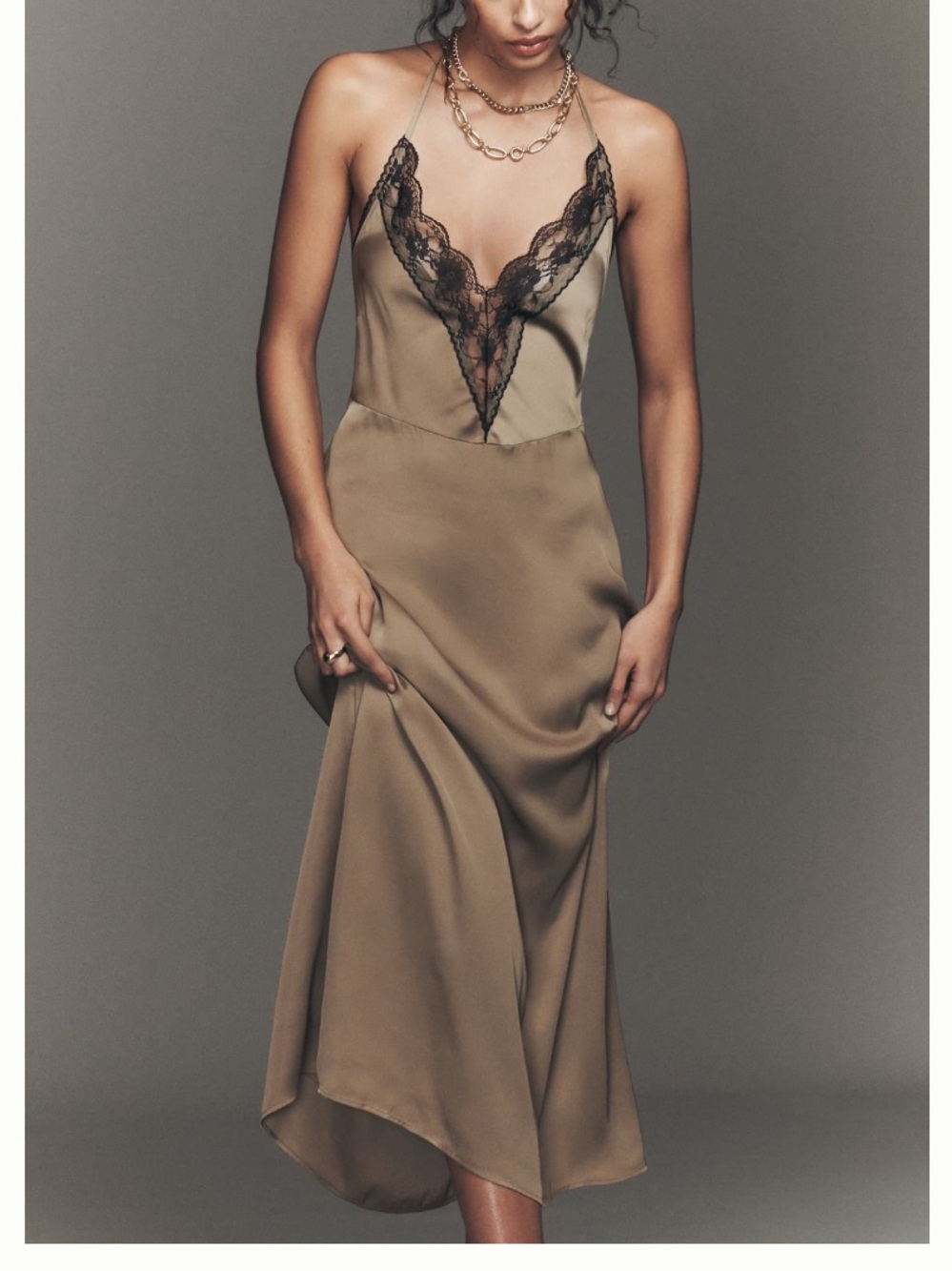 🟤NWT ANTHROPOLOGIE Lace Halter Midi Slip Dress in Taupe